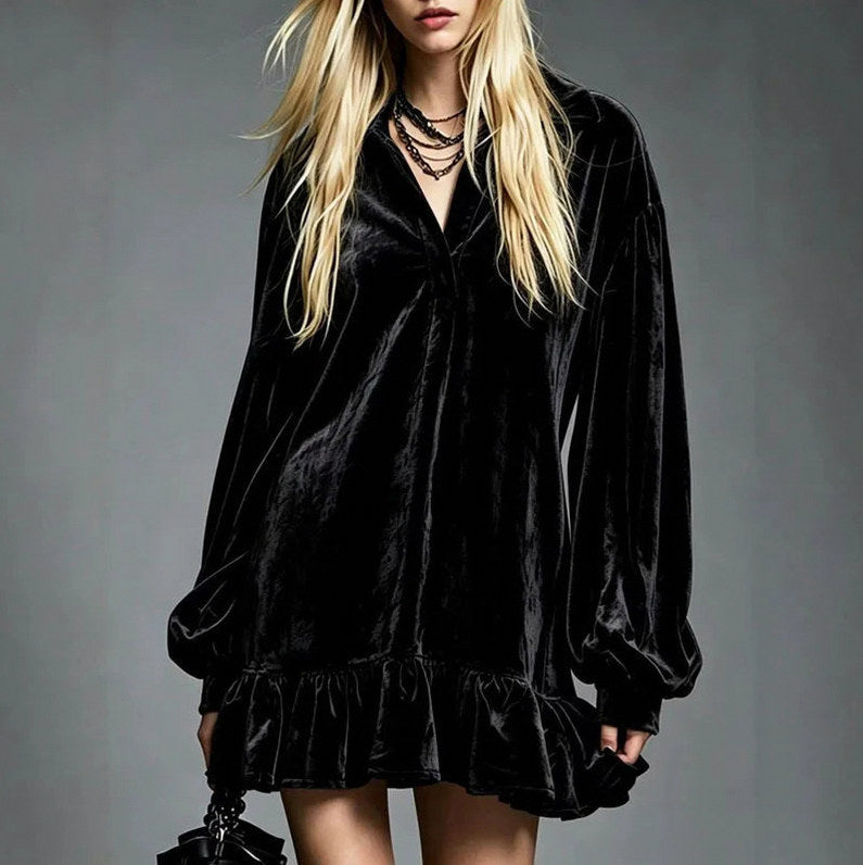Velvet Long Balloon Sleeve Ruffle Mini Dress