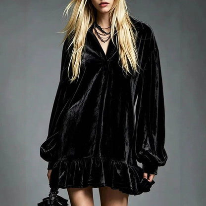 Velvet Long Balloon Sleeve Ruffle Mini Dress