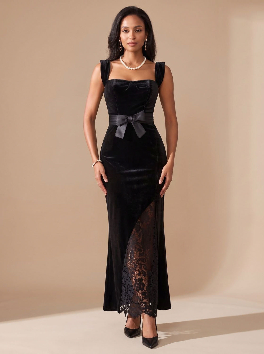 Velvet Bow Lace Trim Maxi Dress