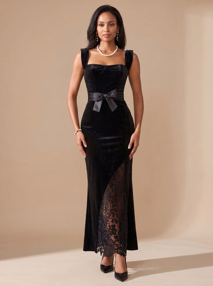 Velvet Bow Lace Trim Maxi Dress