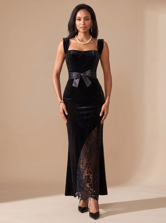 Velvet Bow Lace Trim Maxi Dress