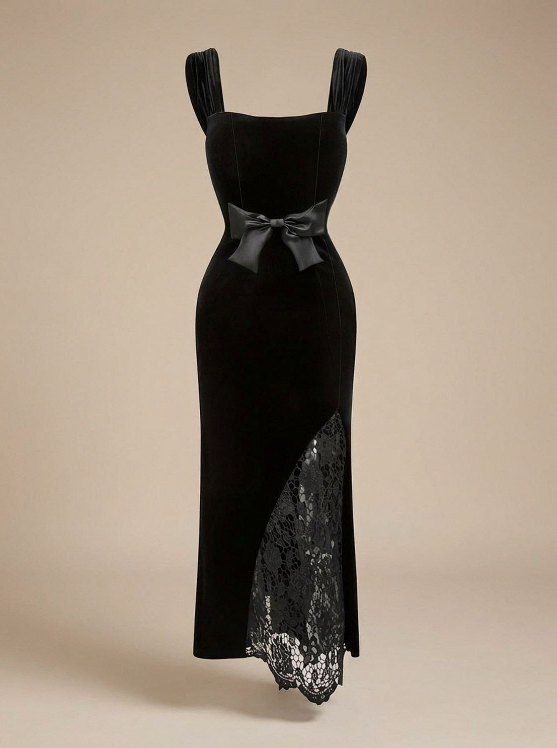 Velvet Bow Lace Trim Maxi Dress