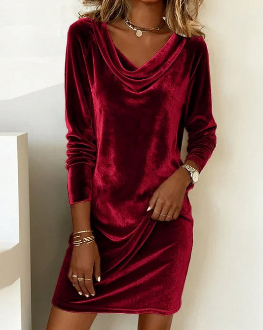 Velvet Cowl Neck Long Sleeve Mini Dress