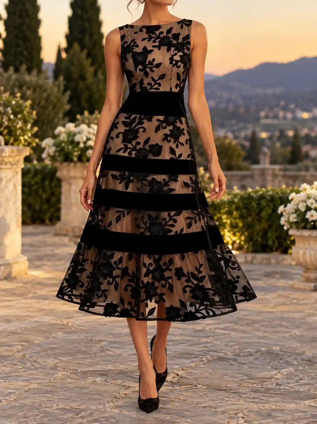 Velvet Floral Applique Sleeveless Tiered A-Line Midi Dress
