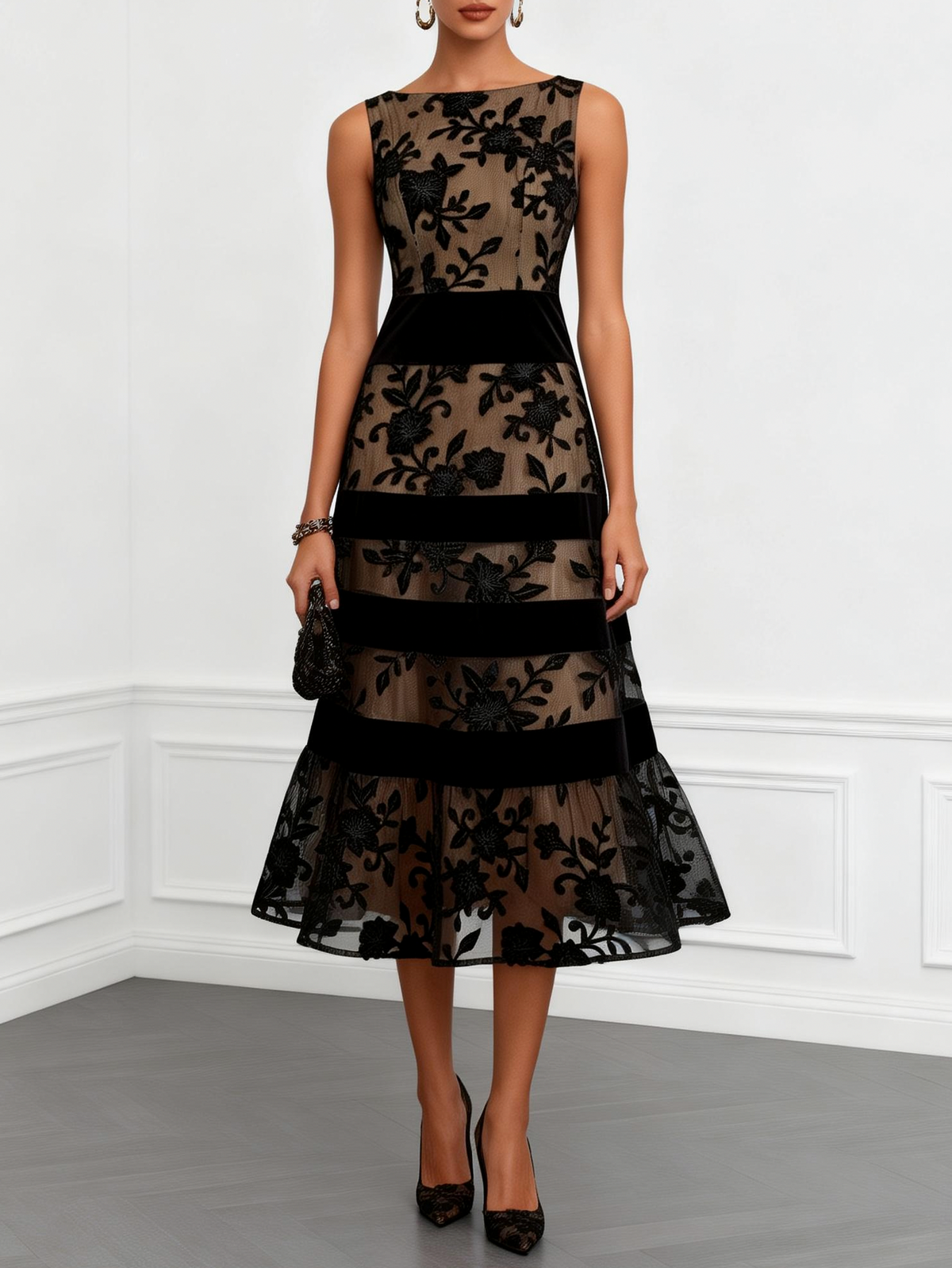 Velvet Floral Applique Sleeveless Tiered A-Line Midi Dress