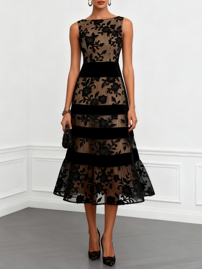 Velvet Floral Applique Sleeveless Tiered A-Line Midi Dress