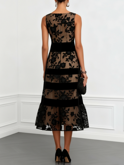 Velvet Floral Applique Sleeveless Tiered A-Line Midi Dress