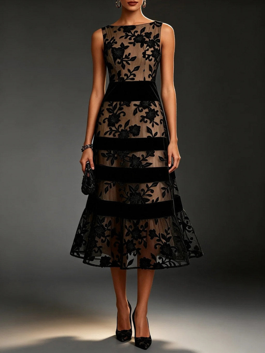 Velvet Floral Striped Midi Dress