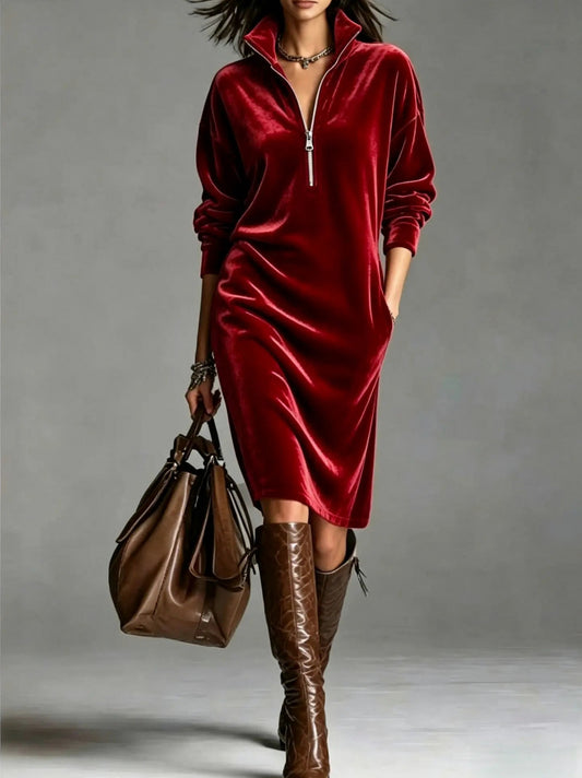 Velvet Half Zip Long Sleeve Midi Dress