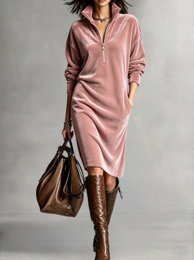 Velvet Half Zip Long Sleeve Midi Dress