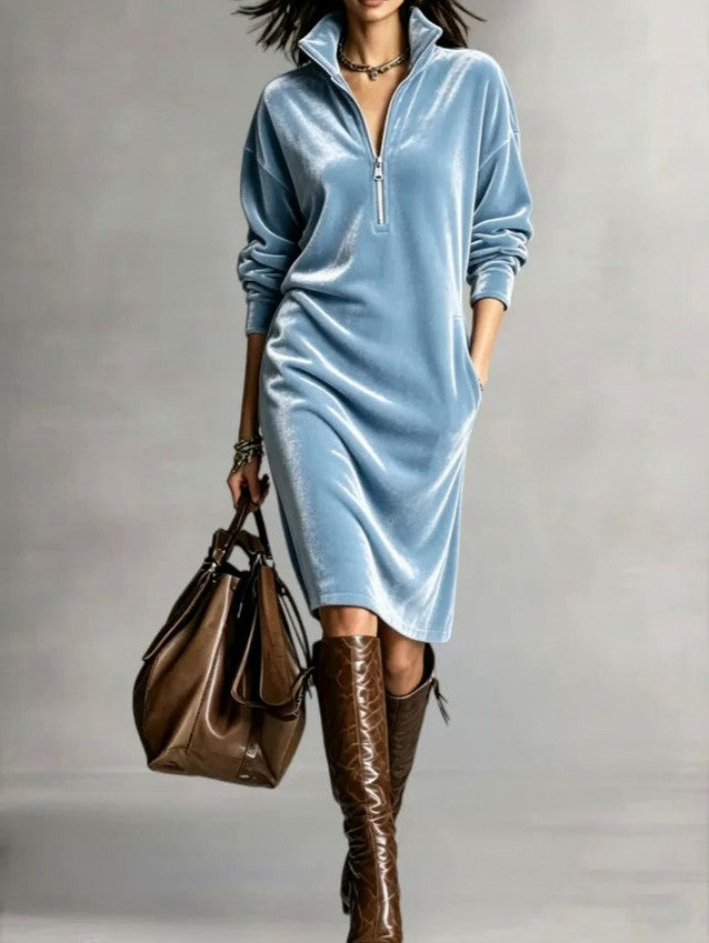 Velvet Half Zip Long Sleeve Midi Dress
