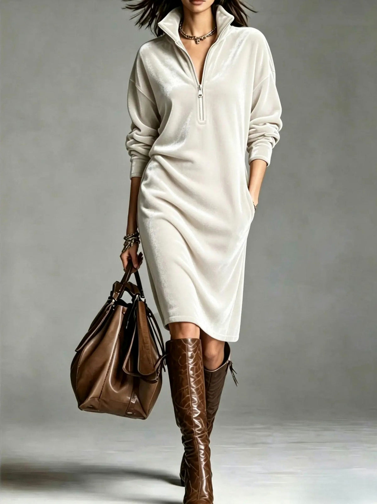 Velvet Half Zip Long Sleeve Midi Dress