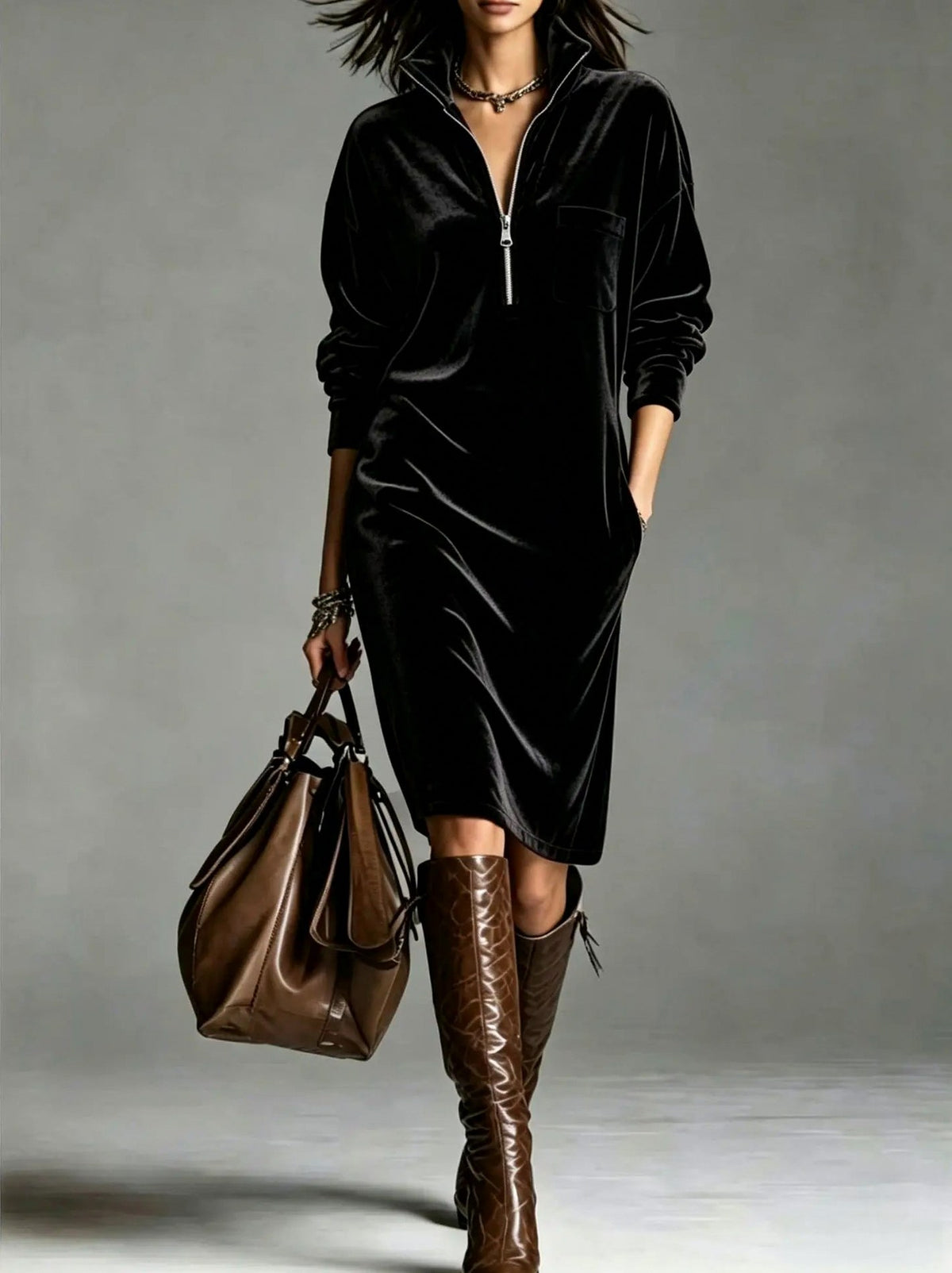Velvet Half Zip Long Sleeve Midi Dress