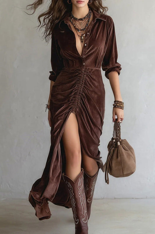 Velvet Long Sleeve Shirt Maxi Dress