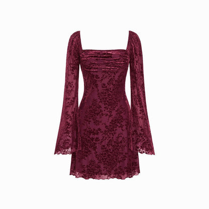 Velvet Square Neck Long Sleeve Mini Dress
