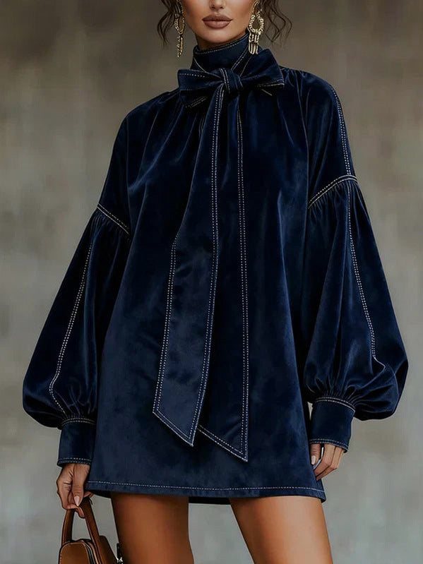 Velvet Tie Neck Long Balloon Sleeve Mini Dress