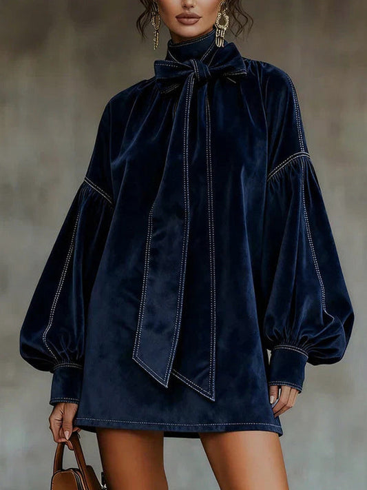 Velvet Tie Neck Long Balloon Sleeve Mini Dress