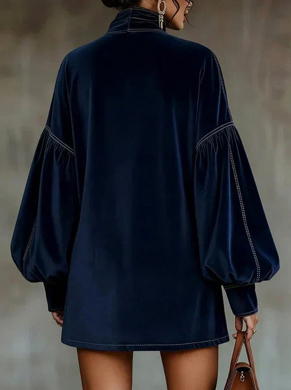 Velvet Tie Neck Long Balloon Sleeve Mini Dress