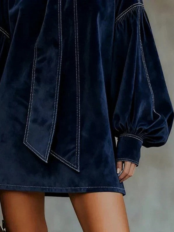 Velvet Tie Neck Long Balloon Sleeve Mini Dress