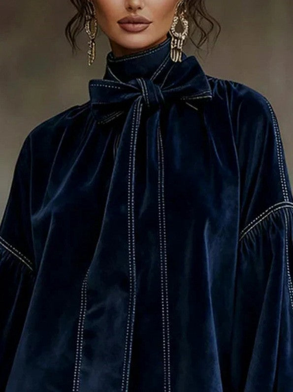 Velvet Tie Neck Long Balloon Sleeve Mini Dress