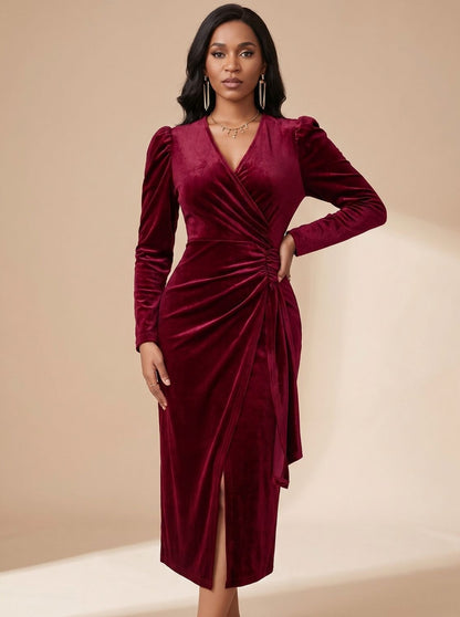 Velvet Wrap Long Sleeve Midi Dress