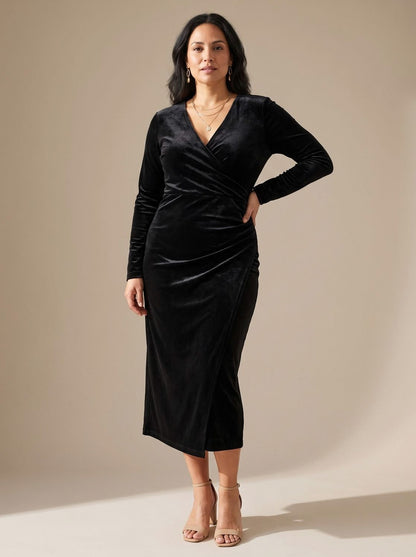 Velvet Wrap Long Sleeve Midi Dress
