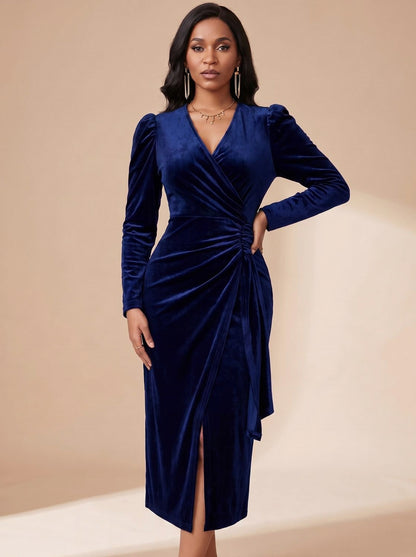 Velvet Wrap Long Sleeve Midi Dress