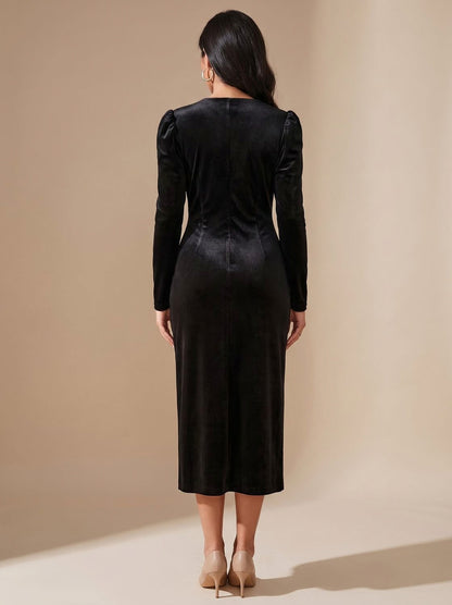 Velvet Wrap Long Sleeve Midi Dress