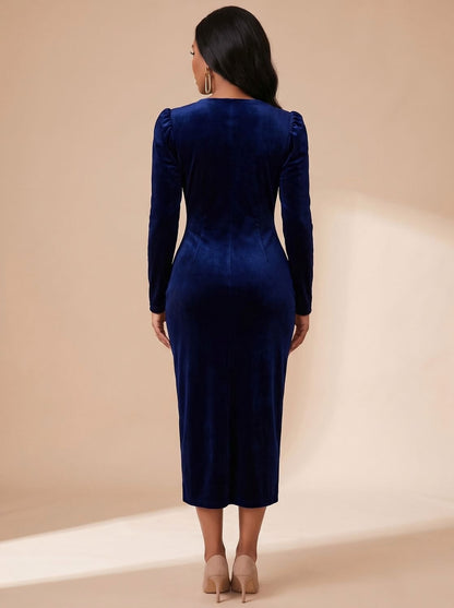 Velvet Wrap Long Sleeve Midi Dress