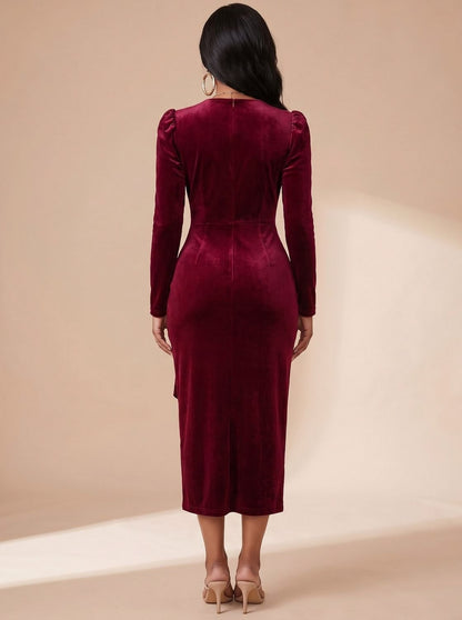 Velvet Wrap Long Sleeve Midi Dress