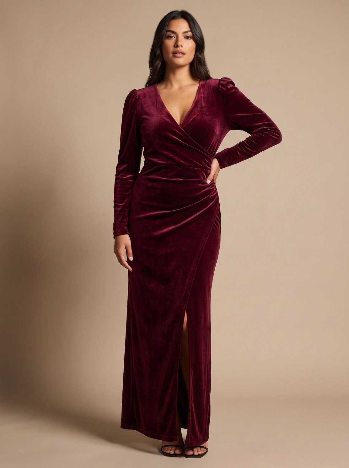 Velvet Wrap Long Sleeve Midi Dress