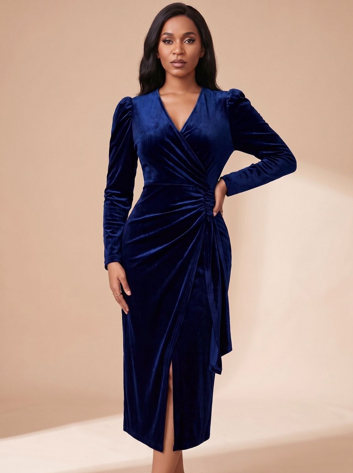 Velvet Wrap Long Sleeve Midi Dress