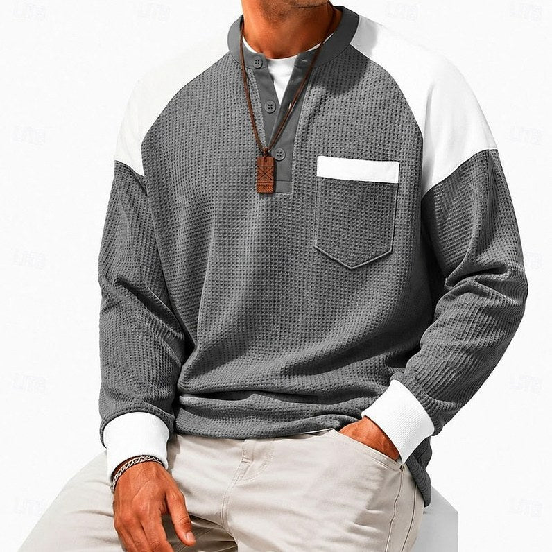 Waffle Knit Long Sleeve Henley Shirt